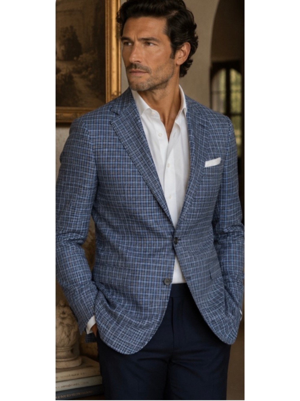 Men's Saks Fifth Avenue Loro Piana Wool Sport Coat Blue Plaid, Size 42R Like New